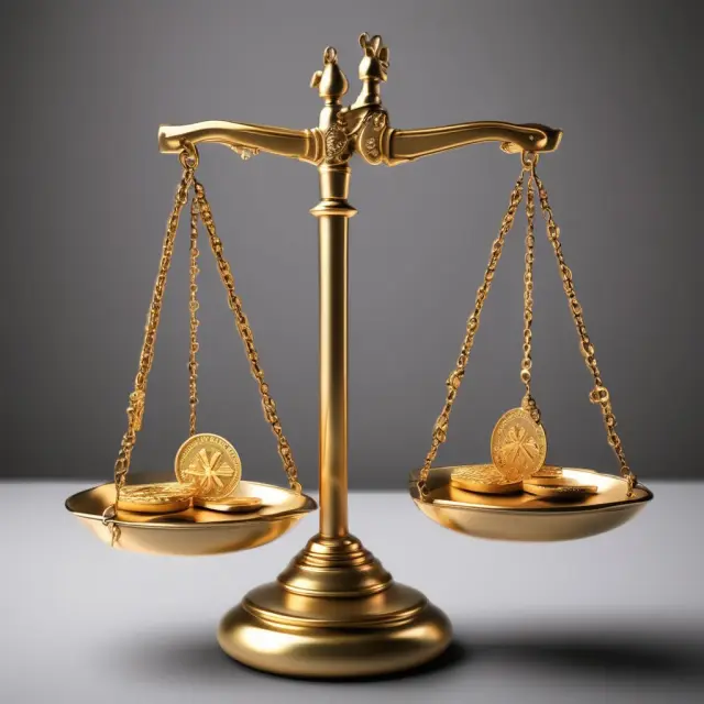 Golden coins representing EVA, ROE, ROI, and ROCE balanced on a scale, illustrating the significance of each financial performance metric in assessing business value.