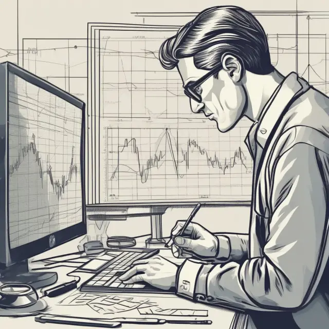 Technical analyst examines chart for evening star pattern, employing trendline, oscillator, and moving average tools