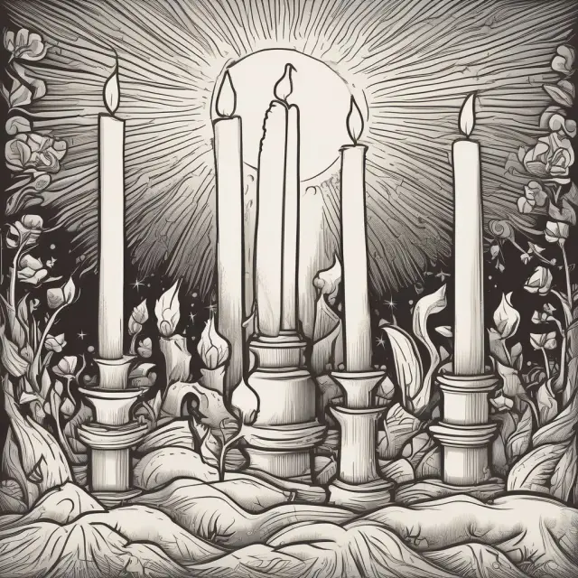 Three candles illustrating the Evening Star pattern, with a large white candle surrounded by selling shadows
