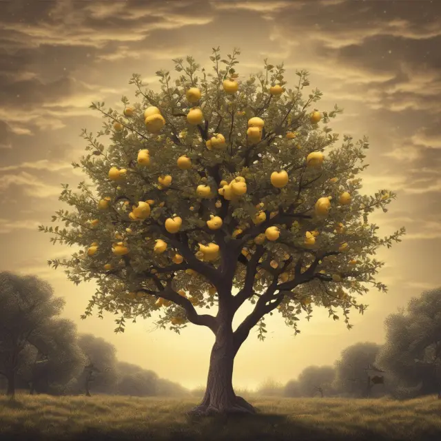 Golden apple tree blooming with an evening star pattern symbolizing a potential market trend reversal