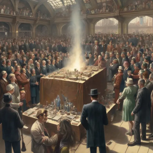 A time capsule filled with event study reports, illustrating market reactions to various catalysts over time