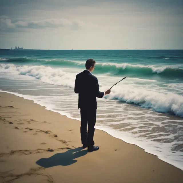 An economist studying waves symbolizing economic events on a shoreline, with a magnifying glass examining ripples representing impact assessment