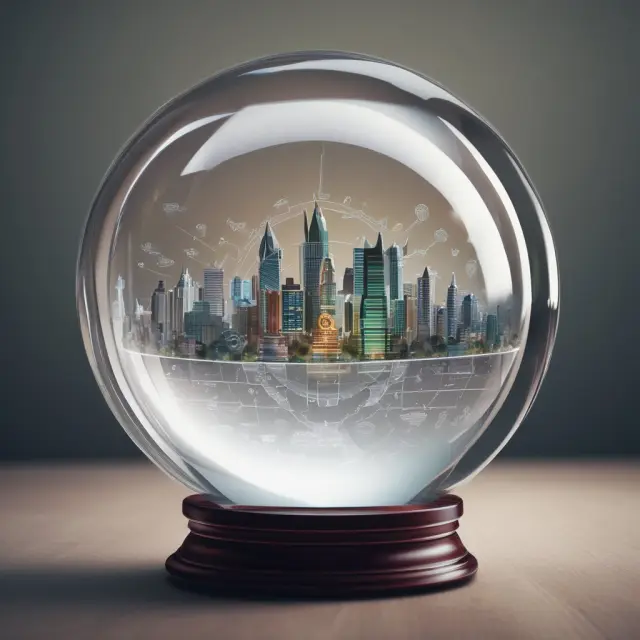 Visualization of a crystal ball showcasing merging company logos and economic indicators, emphasizing their impact on stock events