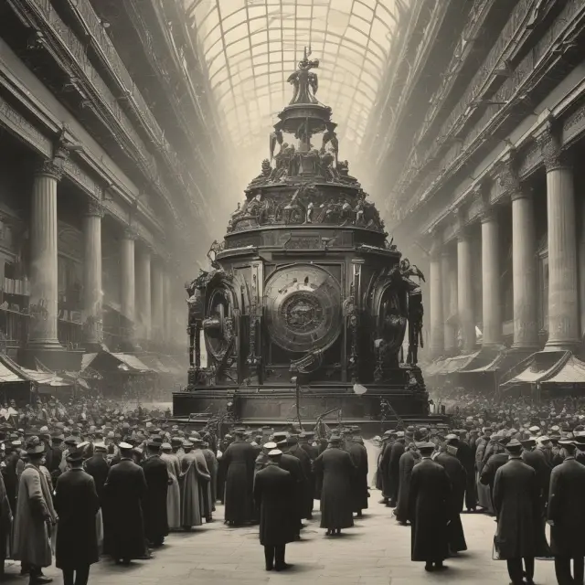 An ornate clock with hourglasses representing event studies, revealing historical market reactions through data analysis