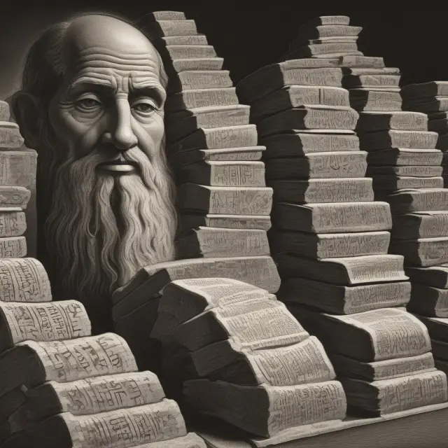 An image of an ancient scholar carefully examining a pile of event study reports, surrounded by parchment scrolls and quills