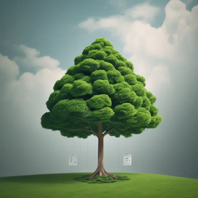 An evergreen tree symbolizes flexible financing (evergreen loan) that nourishes a thriving business, with its branches representing various benefits and risks.