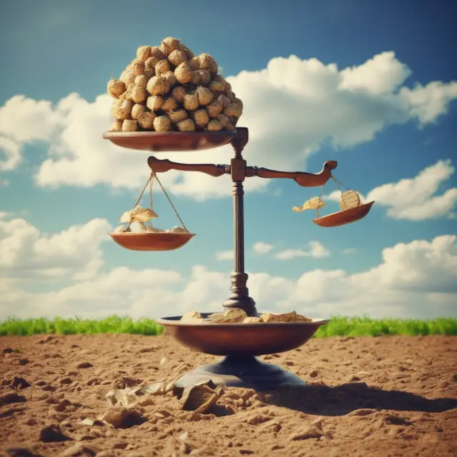 A balance scale tips towards a rich harvest, representing approved evergreen loan applications with strong creditworthiness and favorable income levels