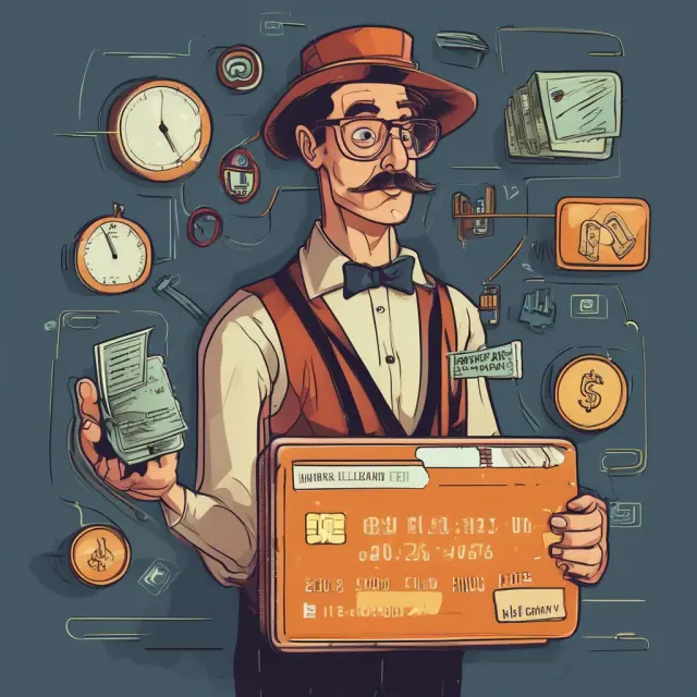 A person skillfully operating a clockwork credit card machine, maintaining payments while monitoring fluctuating interest rates