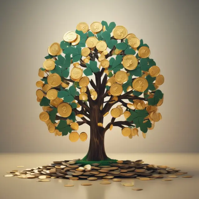 An evergreen tree with golden coins symbolizing the continuous access and flexibility of evergreen loans (credit cards)