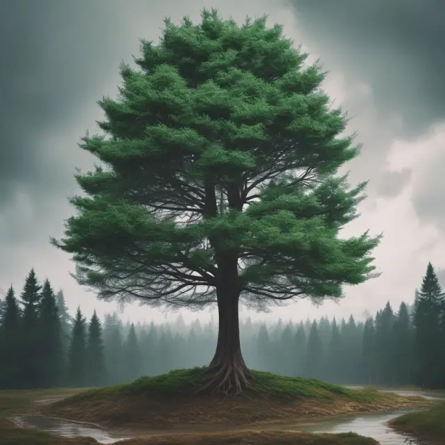 Evergreen tree receiving nourishment from a steady flow of funding while an overdraft is represented by unsteady rain and revolving credit lines are symbolized as flexible winds