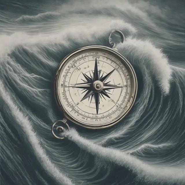 An ancient compass sailing through stormy seas, representing the role of ex-ante analysis in guiding investors through market volatility