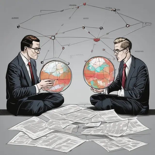 Analysts evaluating merger synergies using crystal balls and intertwined financial graphs