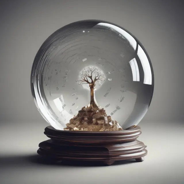Crystal ball displaying future financial trends and predictions through swirling data for ex-ante analysis