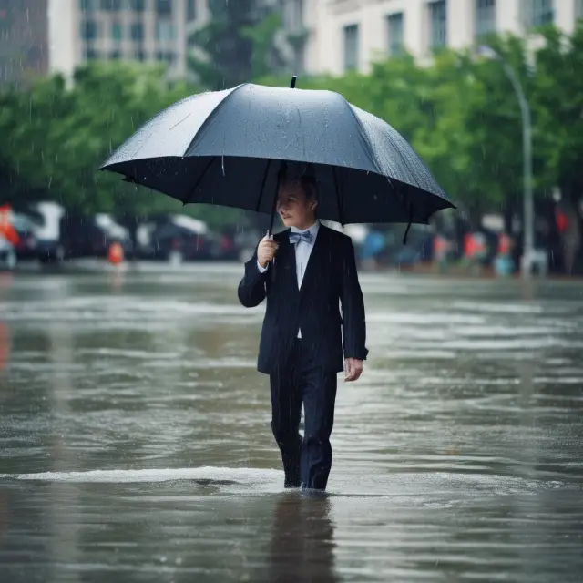 Three umbrellas symbolizing excess of loss, treaty, and facultative reinsurance protecting against various rainfall intensities