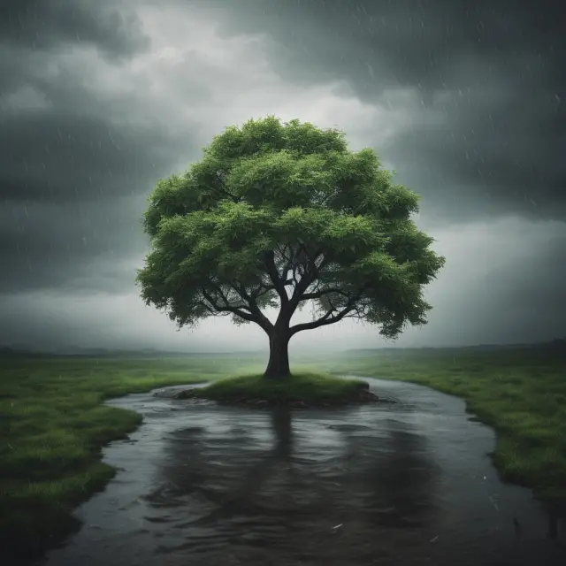 A resilient tree in a stormy landscape is shielded by an umbrella, symbolizing excess of loss reinsurance and solvency