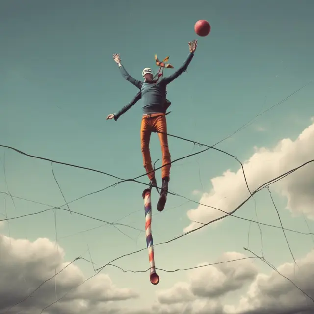 A juggler meticulously balances various financial risks while walking on a tightrope. The reinsurer acts as the safety net below.