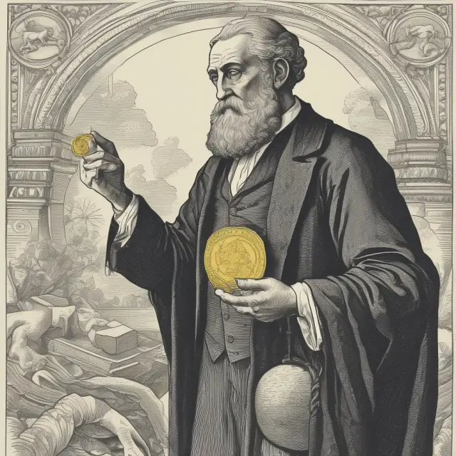 An ancient banker with two hands - one holding a gold coin symbolizing excess reserves, and the other weaving intricate monetary policy threads representing rule changes.