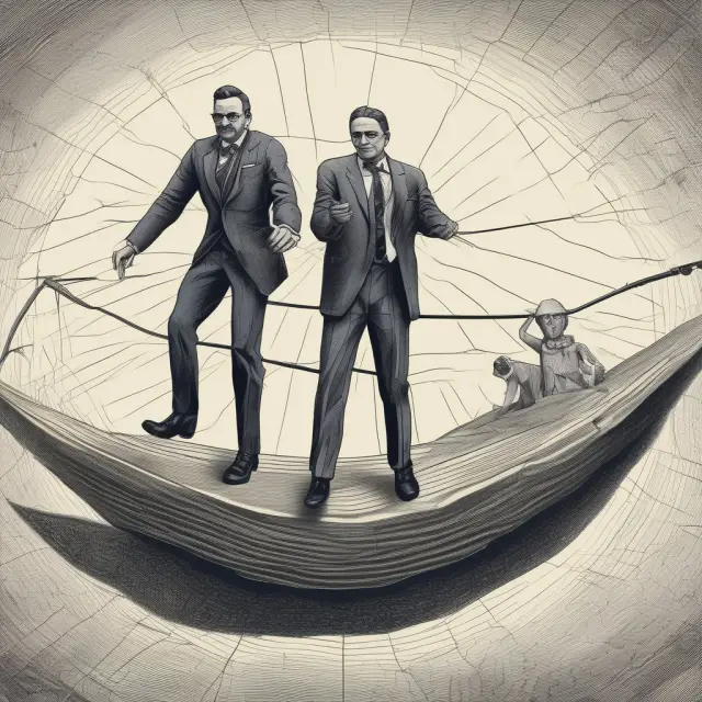 Image of central bankers performing a delicate dance atop a tightrope, symbolizing their challenge to balance excess reserves, interest rates, and fiscal policies for economic stability