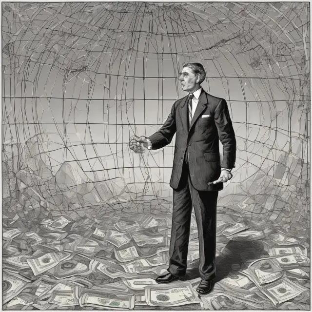 A central banker skillfully weaving a complex web representing monetary policies and excess reserves