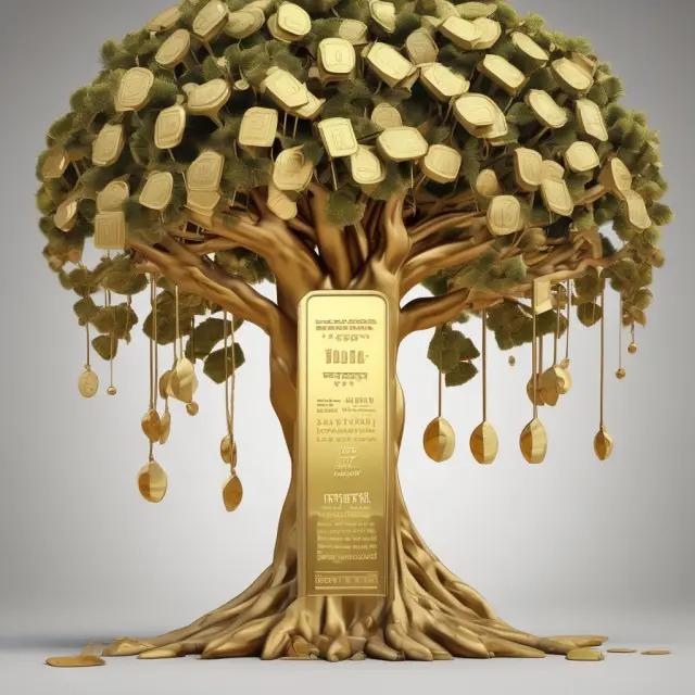 Golden bar of excess reserves growing into a money tree as interest rates flow in; Fed