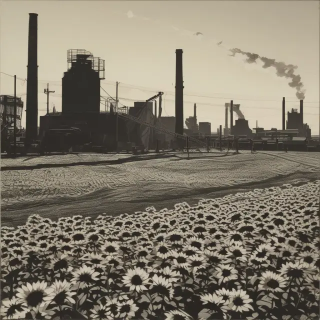Factories churn out goods while wilted sunflowers represent repressed demand, showcasing excess industry capacity