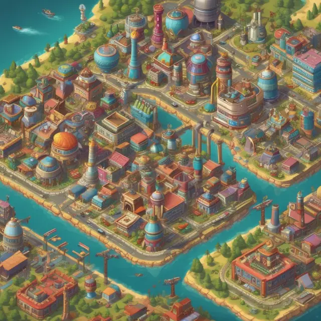 Factories with idle machinery amidst a lively global marketplace, symbolizing excess capacity in an economy