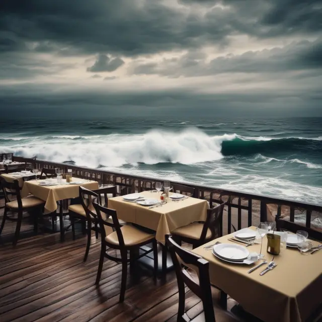 A restaurant amidst a stormy sea represents the industry