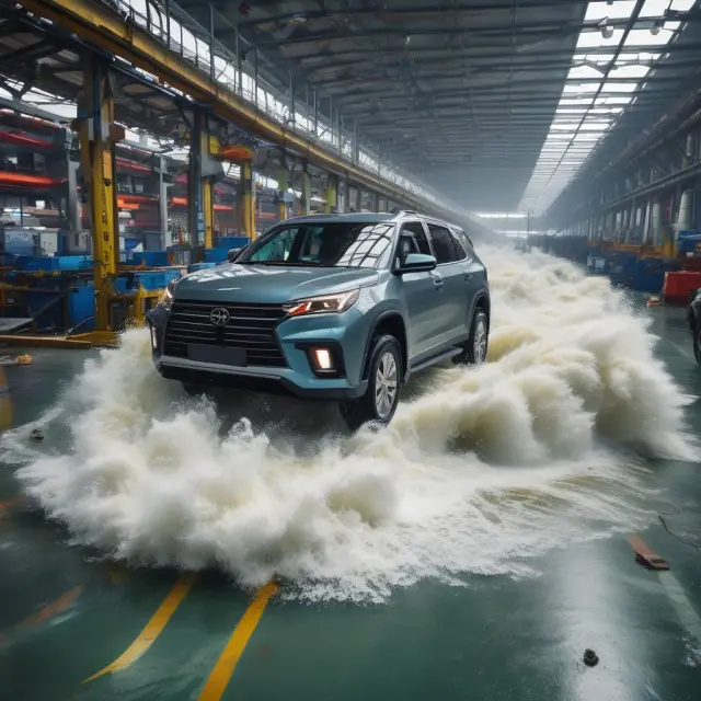 A turbulent sea wave symbolizing COVID-19 crashing against a row of resilient car factories, illustrating China