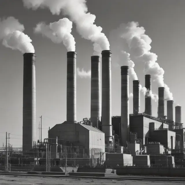 A factory with smoke stacks releasing steam, representing unused production capacity in manufacturing industries