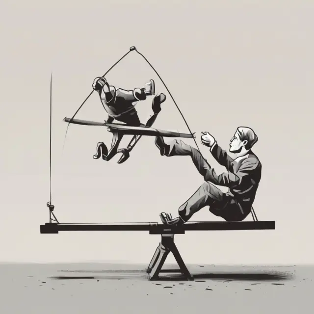 An investor on a seesaw balances excess returns against various market indexes, symbolizing modern portfolio theory and efficient frontier analysis.