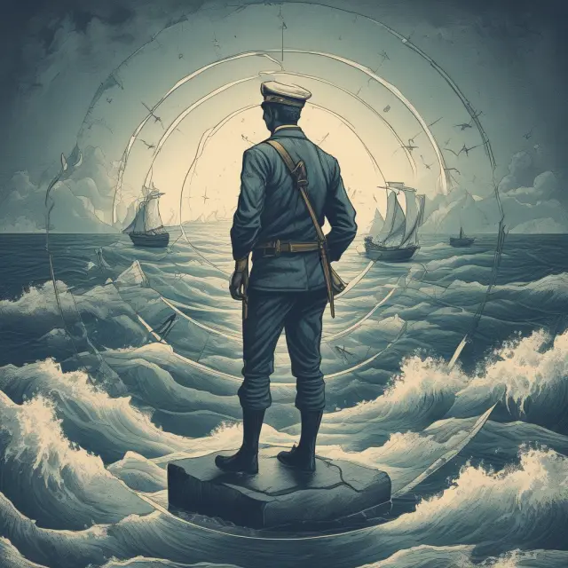 A sailor braves rough waters with a compass, representing excess returns and market benchmarks.
