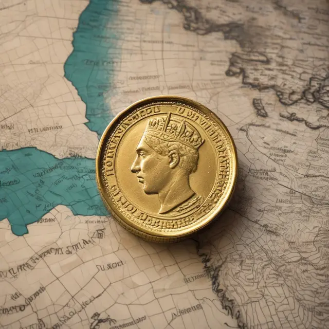 An ancient gold coin representing historical backing, guarded by a currency board on a map illustrating monetary policy systems.
