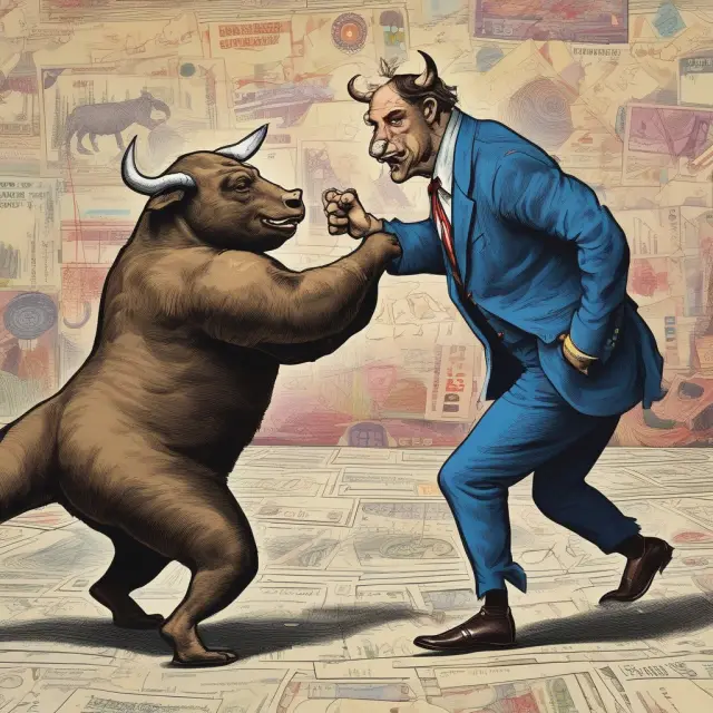 Bulls and bears engaging in a dynamic dance on the floor of the European Monetary System, symbolizing currency exchange rate fluctuations within the system