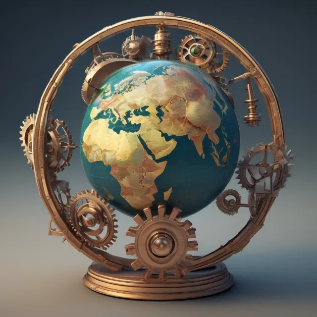 A stable currency represented as a coin on a spinning globe, surrounded by interconnected gears symbolizing monetary policy and exchange rate mechanisms