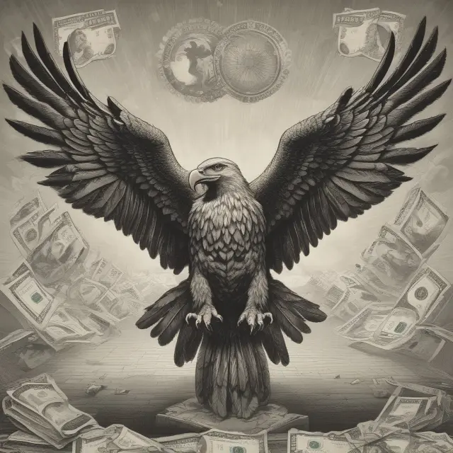 An eagle representing institutional investors masterfully managing risks amidst a table of economic data and diverse currencies in an exchange rate mechanism environment.