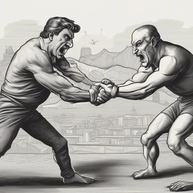 A tug-of-war scene showcasing a mutual fund character (active) and an ETP character (passive) on a financial battlefield, emphasizing investment competition.