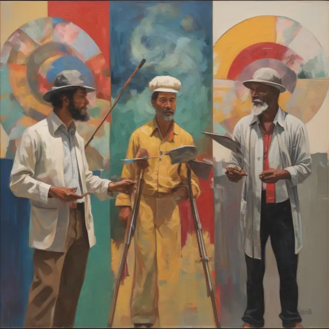 An artist paints two canvases side by side: one showcases sector rotation with sectors rotating like gears, the other displays income generation through dividend and bond symbols