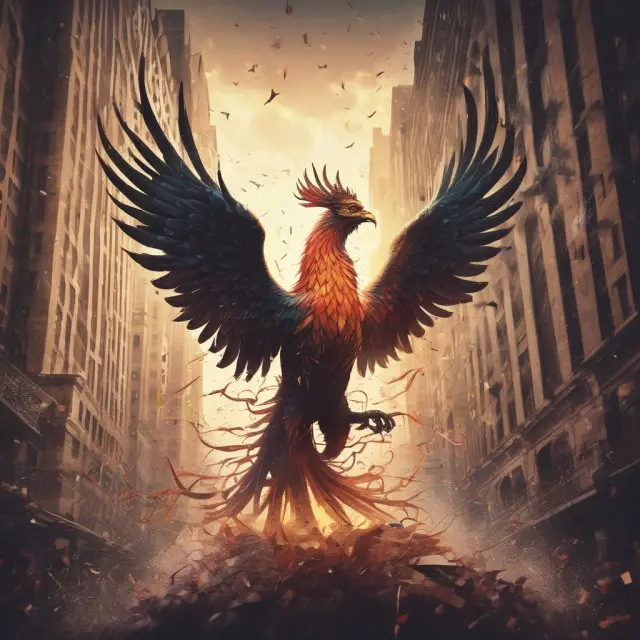Phoenix emerging from NYSE ticker tape, symbolizing successful company IPOs