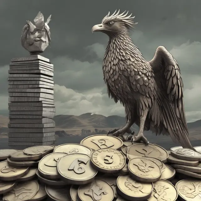 Icelandic phoenix rising from control towers and krona coins, depicting exchange controls during the country
