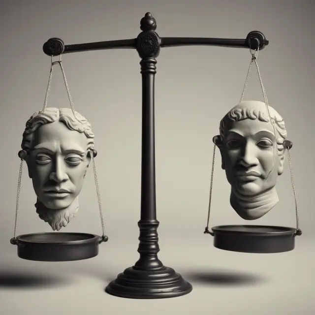 A balance scale with four masks symbolizing market risk, credit risk, operational risk, and systemic risk hovering above it