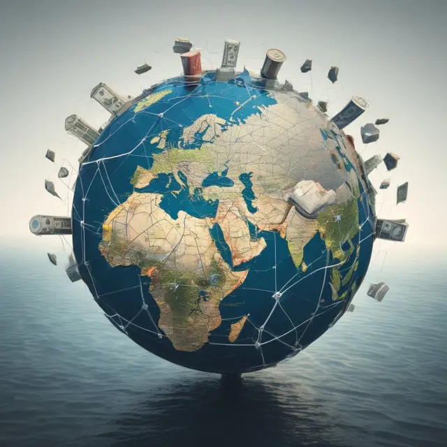 A globe where various currencies flow like rivers, representing the Forex Market