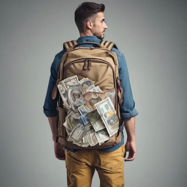 Traveler calculating exchange rates using a backpack filled with USD, EUR, and JPY