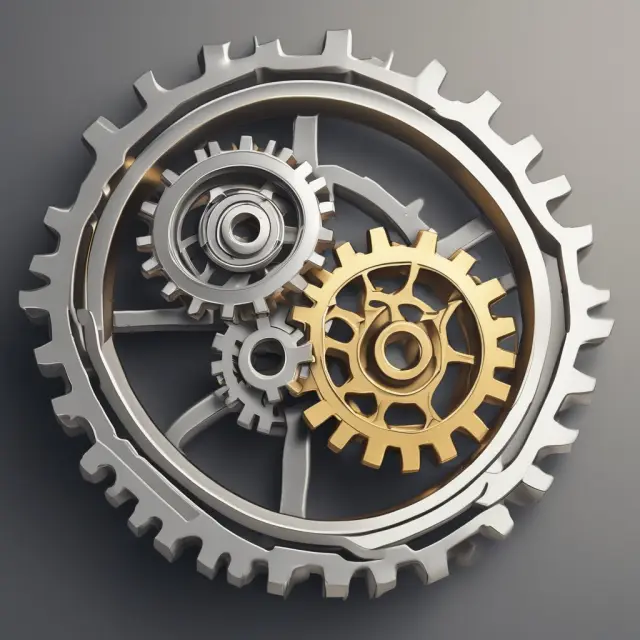 Golden and silver gears interlocking, representing fixed or floating exchange ratios in mergers and acquisitions.