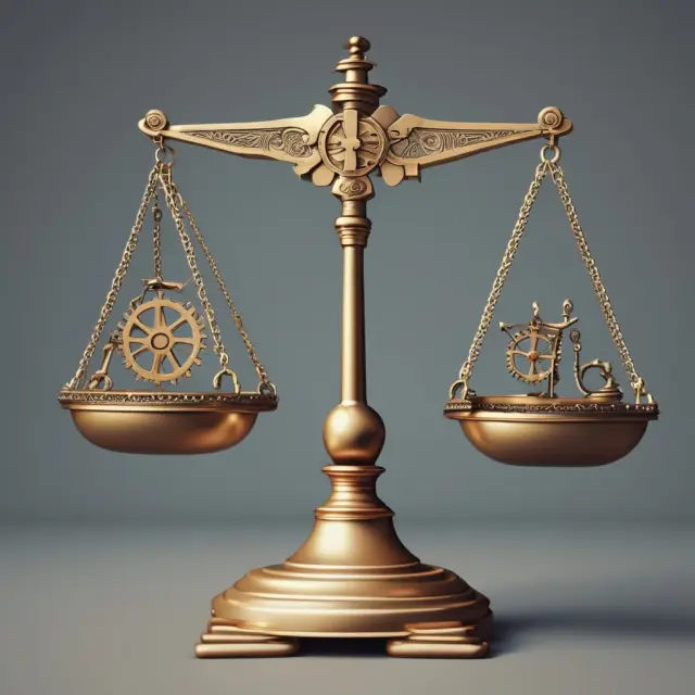 Two balance scales connected by gears represent exchange ratios impacting M&A value, tax implications, and institutional investment decisions.