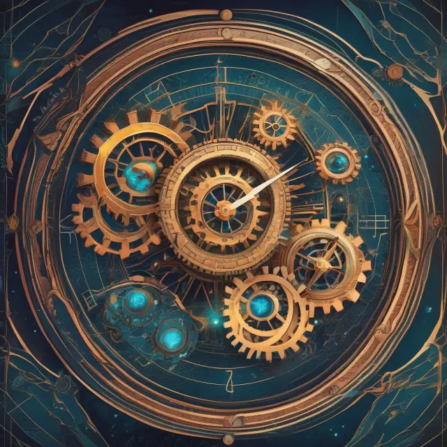A cosmic clock with interconnected planets depicting exchange ratios influenced by market volatility, merger arbitrage strategies, and regulatory approval.