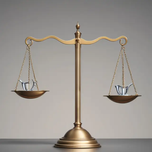 A balance scale with three pans depicting the Vodafone-Hutchison Essar, Charter Communications-Time Warner Cable, and Daimler-Chrysler exchange ratios.