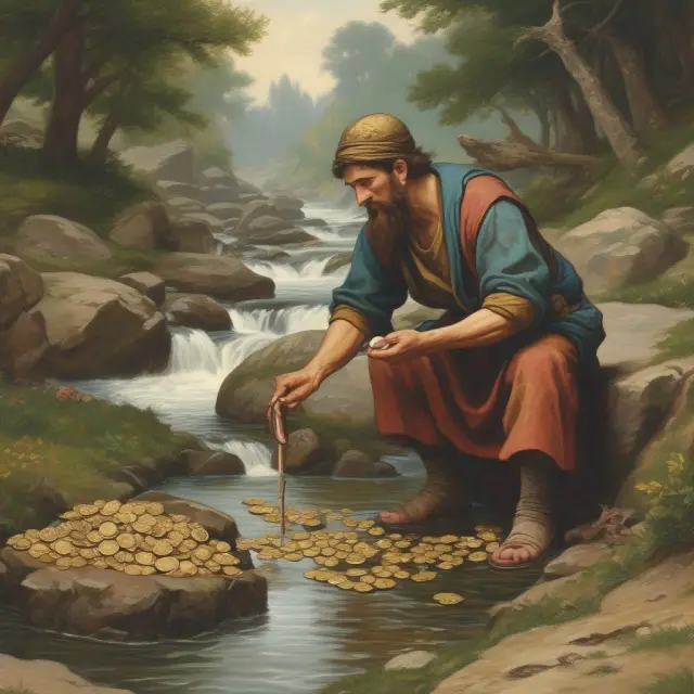 A merchant, depicted as a mythical figure, collects golden coins from a crystal-clear stream to symbolize the collection and payment of excise taxes