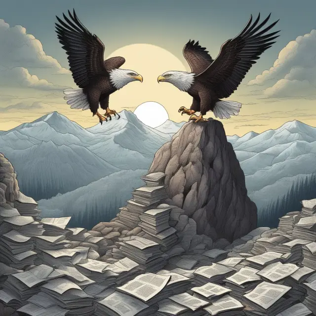 Merchant managing excise taxes: Filtering through papers while eagle tax collectors watch