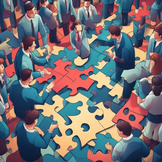 A trading floor broker placing a jigsaw piece with the price symbol into a growing image of a complete puzzle, symbolizing the execution process