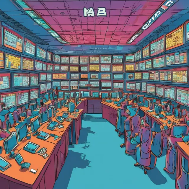 An intricately designed market maker, symbolizing a bridge connecting buyers (bidders) and sellers (askers), is surrounded by the hustle and bustle of Nasdaq